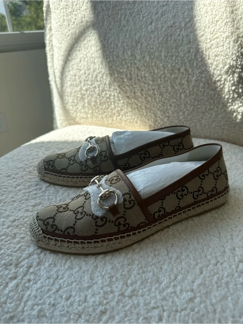 Gucci Tan GG Canvas Espadrille Loafers with Gold Horsebit
